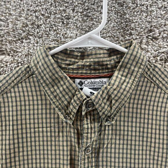 Columbia Shirt Adult Large Gren Tan Plaid Long Sleeve Button Up Hiking Mens Logo - Picture 2 of 10